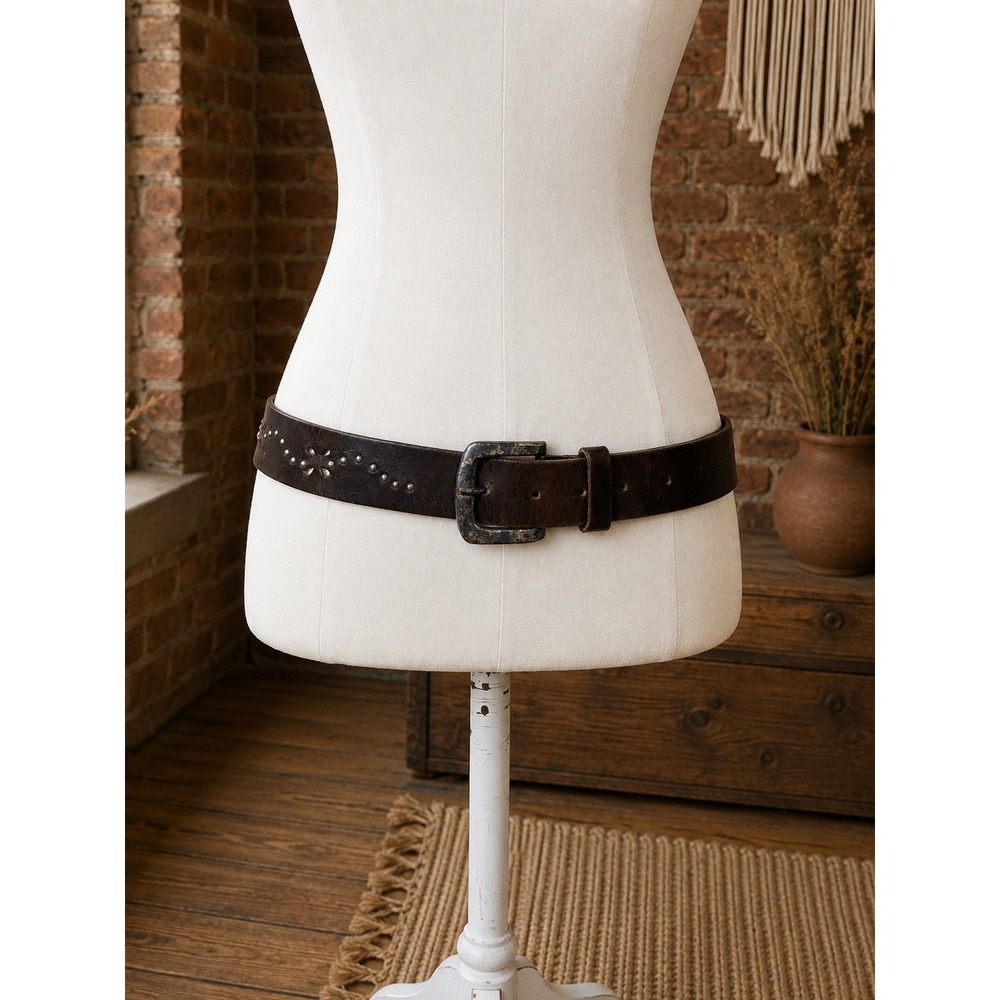 Vintage Brown Italian Leather Studded Floral Belt L Boho Festival Y2K Western